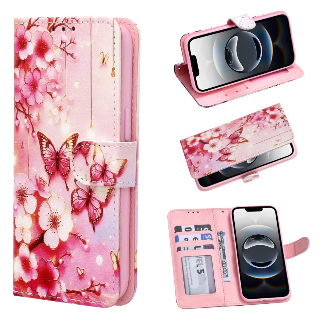 iPhone 18 Pro Max/17 Pro Max- Bookcase Print - Roze Bloemen en Vlinders
